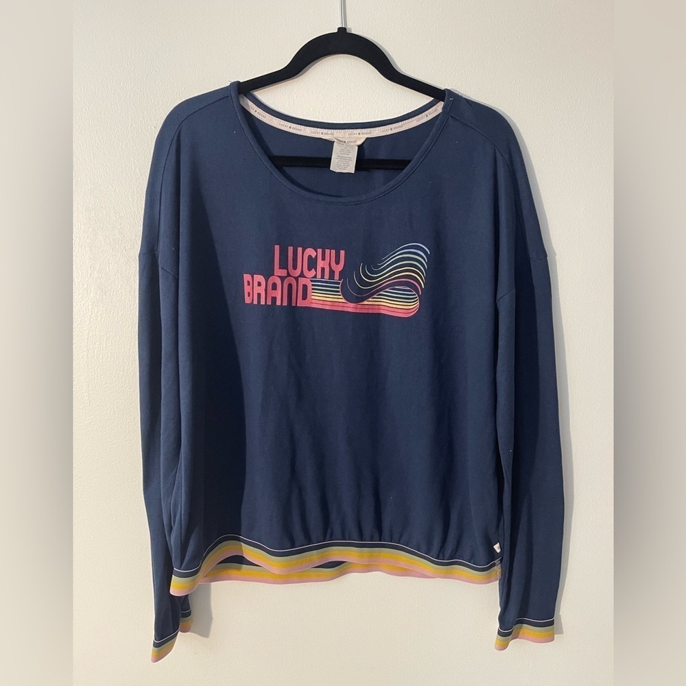 Lucky Brand Women’s Top Shirt Blue Long Sleeve Soft Rainbow Waves Size: Large